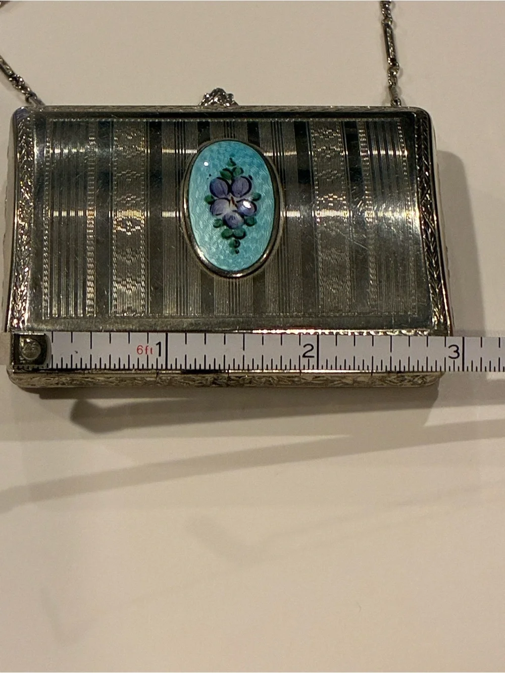 1920s Art Deco guilloché enamel compact dance purse, manufactured by the Finberg